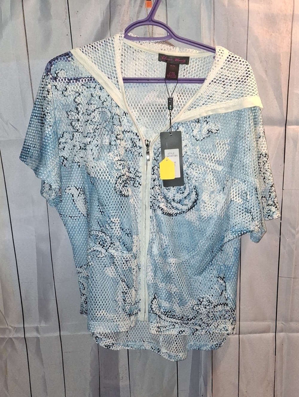 Light Blue Floral Mesh Zip Hoodie Cover-Up